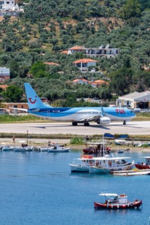 A TUI Airways Boeing 737-800 aircraft with the registration G-TAWD at Skiathos Airport, Greece,