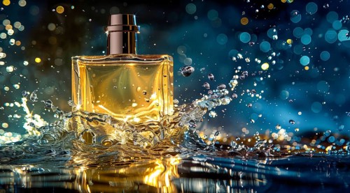 Bottle of expensive luxury perfume in splashes of water. Present for fathers or mothers day, AI