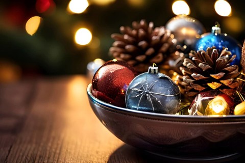 Christmas tree ornaments in a bowl, featuring a mix of glass baubles, pine cones, and fairy lights,