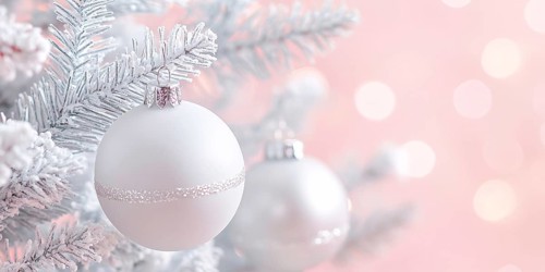 Christmas banner with white bauble ornaments on pink background with copy space. Generative AI, AI