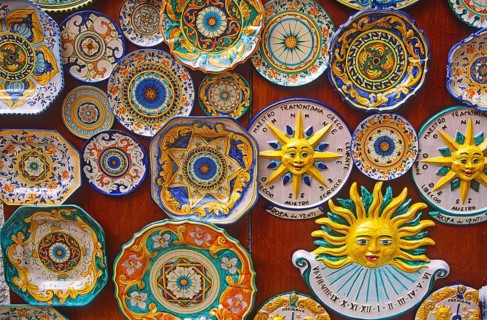 Colourful painted plate souvenirs, Erice. Sicily, Italy, Europe