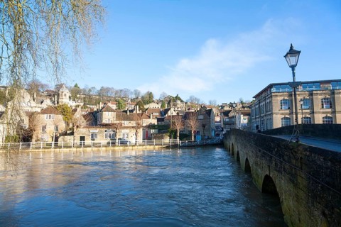 Bridge over River Avon with high level of water, Bradford on Avon, Wiltshire, England, United
