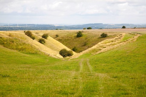 V shaped chalk dry valley eroded into downland escarpment at Bishopstone, Wiltshire, England, UK