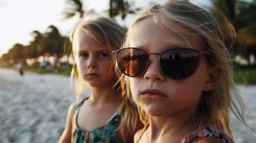 Two young children girlfriends posing wearing sunglasses having fun on the beach, generatvie AI, AI