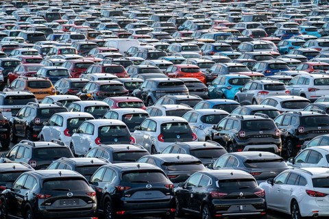Car terminal in the Logport I inland port, in Duisburg on the Rhine, vehicle handling of new cars,