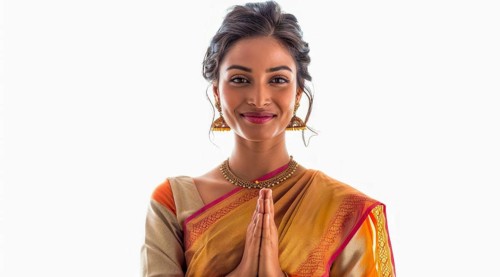Portrait if Indian beautiful attractive lady in national sari clothes and gold jewelry., AI