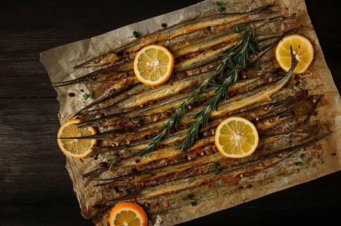 Fried fish, sargan, black sea pike, top view, close-up, no people