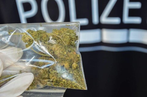 A hand with a disposable glove holds a bag of marijuana flowers. In the background is part of a