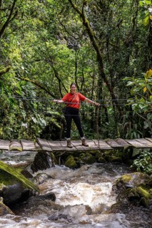 Young woman walking on suspension bridge along the Cocora Valley hiking trail, Cocora Valley,