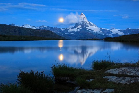 Matterhorn and mountain lake, Stellisee, Valais, Switzerland, full moon, Europe