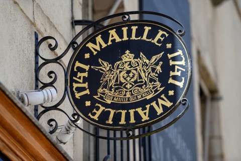 Sign on a shop of the mustard producer Maille in the old town, Dijon, Côte d'Or department,