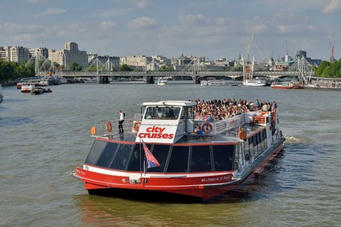 Sightseeing boat on the Thames near Westminster Bridge, London, England, United Kingdom, Europe