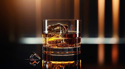 A glass of liquor whiskey or scotch. Close-up of expensive classy whiskey drink, AI generated