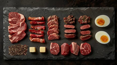 All meat, fish and eggs platter overhead. generative AI, AI generated