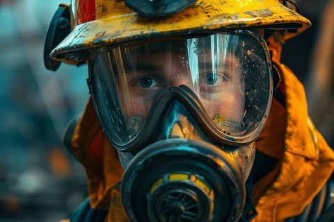 Face of young male firefighter with helmet. Generative Ai, AI generated