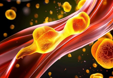 Three dimensional render of cholesterol in blood stream, AI generated