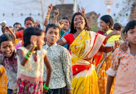 Dancing woman and children, Bishnupur, Bankura district, West Bengal, India, Asia