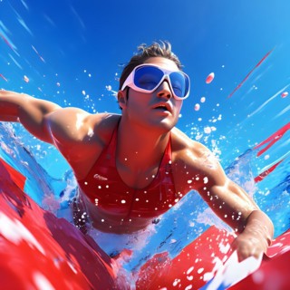 Abstract digital render of an olympic triathlete in swimming morphing into fluid shapes, AI