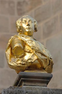 Monument to Johann Sebastian Bach at the Karl-Wilhelm-Friedrich-Fountain, golden, Bust,