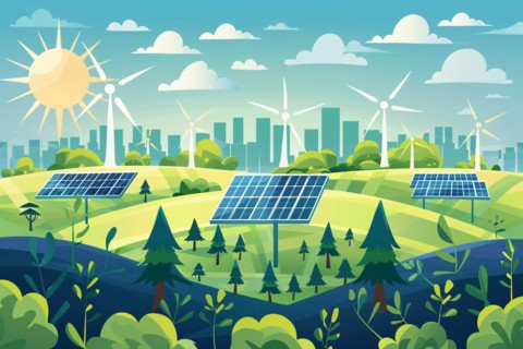 Renewable energy concept illustration with wind turbines and solar panels. KI generiert, generiert,
