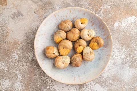 Grape (Burgundy) snails with butter and cheese on brown concrete background. Top view, flat lay
