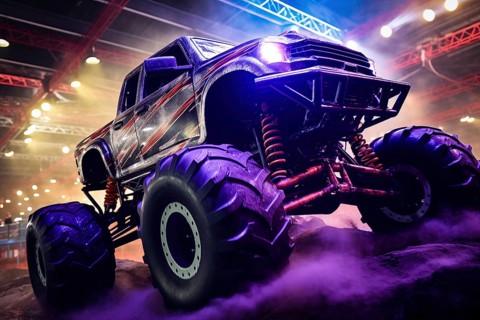 Monster truck illuminated by neon lights amidst a cloud of dust at an indoor arena- excitement and