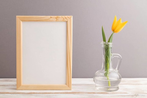 Wooden frame with orange tulip flower in glass on gray pastel background. side view, copy space,