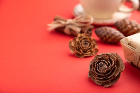 Christmas or New Year composition. Decorations, box, cinnamon, cones, fir and spruce branches, cup