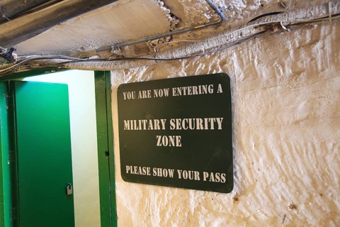 Lascaris War Rooms underground museum, Valletta, Malta, military security zone sign, Europe