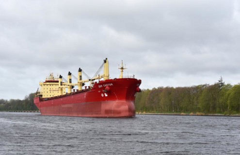 Cargo ship DSM Castor travelling through the Kiel Canal, Kiel Canal, Schleswig-Holstein, Germany,