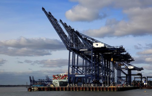 Cosco shipping line container ship arriving at Port of Felixstowe, Suffolk, England, UK