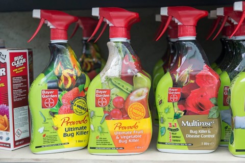 A range of insect bug killer products on sale, The Walled garden plant nursery, Benhall, Suffolk,