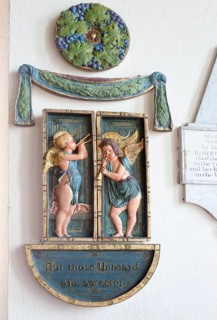 Painted plaster angels in village parish church of Saint Michael, Wilsford cum Lake, Wiltshire,
