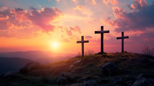 Easter concept three crosses on Golgotha Calvary hill against a dramatic sunset, AI generated