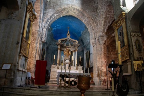 View of the altar of the Cathedral de Notre-Dame-du-Puy in the historic centre of Grasse,