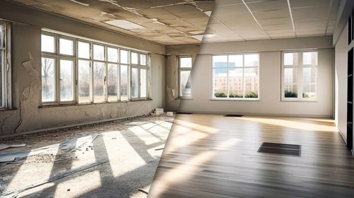 Large industrial office building before and after cleanup and construction, generative AI, AI