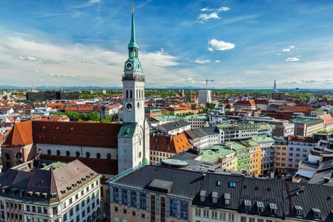 Aerial view of Munich and St. Peter Church, Marienplatz and Altes Rathaus, Bavaria, Germany, Europe