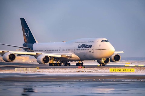 Lufthansa Boeing 747-8, Brandenburg, on the taxiway to Runway West, Frankfurt Airport FRA, Fraport,
