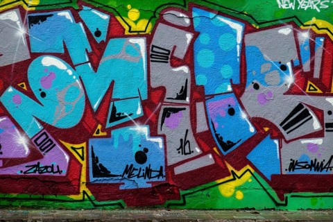 Graffiti with blue, pink and purple lettering on a green background, Landau, Rhineland-Palatinate,