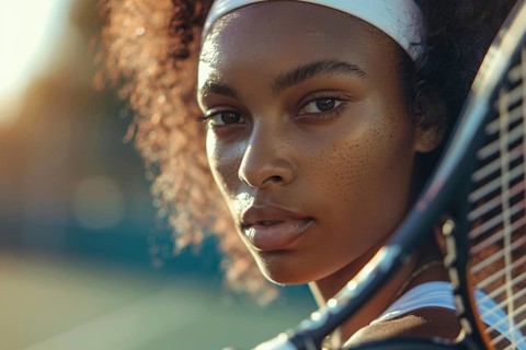 Close up of black woman's face with tennis racket. Generative Ai, AI generated