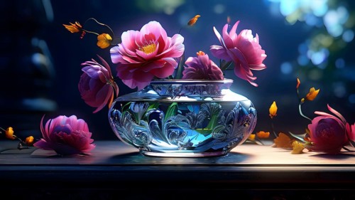 Transparent crystal glass vase with vibrant blooming flowers, AI generated