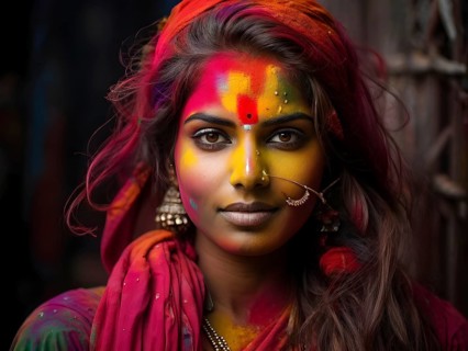 Indian woman colored face portrait during Holi Hindu festival, AI generated