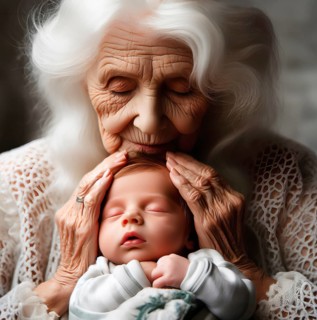A grandmother tenderly embraces the head of her grandchild, a baby, symbolic image family,