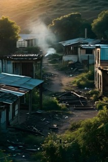 Deserted mining town nature reclaiming architecture, AI generated