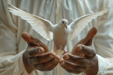 Close-up of a man's hands, with a white dove, dove of peace, AI generated, AI generated, AI