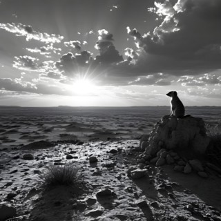 Meerkat silhouetted against the setting sun standing atop a termite mound in the kalahar desert, AI