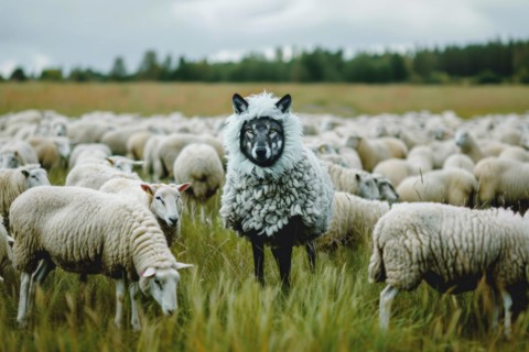 Depiction of a wolf in sheep's clothing, example of a figure of speech, metaphor, visualisation for