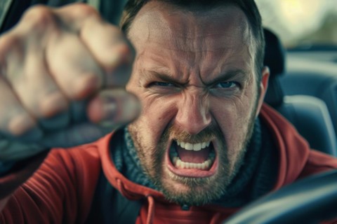 Angry, unnerved, aggressive, screaming man sitting behind the steering wheel and gesticulating