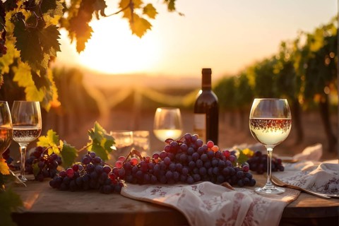 AI generated wine tasting table setup with wine and vine grapes nestled subtly amidst a thriving