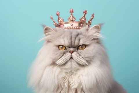 Persian cat with crown on blue background. KI generiert, generiert AI generated